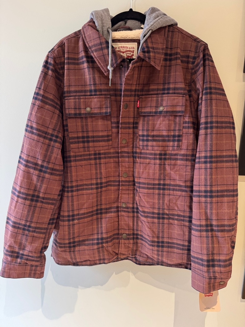 NWT Levi's Rusty Brown Plaid Hooded Sherpa-Lined Shirt Jacket size M